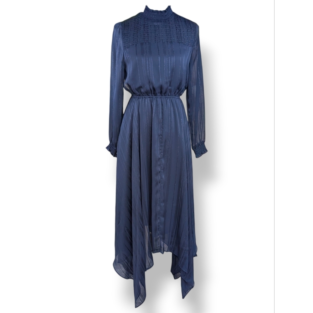 NWT Nanette Lepore Size 2 Navy Blue Asymmetrical Dress High Neck Clinched Waist - Picture 2 of 14